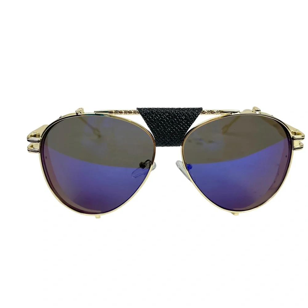 AVIATOR Gold Metal Frame Blue Purple Lense Faux Leather Black Trim Sunglasses - Picture 5 of 15
